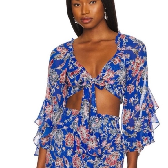 NWOT Misa Los Angeles Ancora Floral Tie Crop Top, Red, White, Blue, Sheer, Small - Picture 1 of 16
